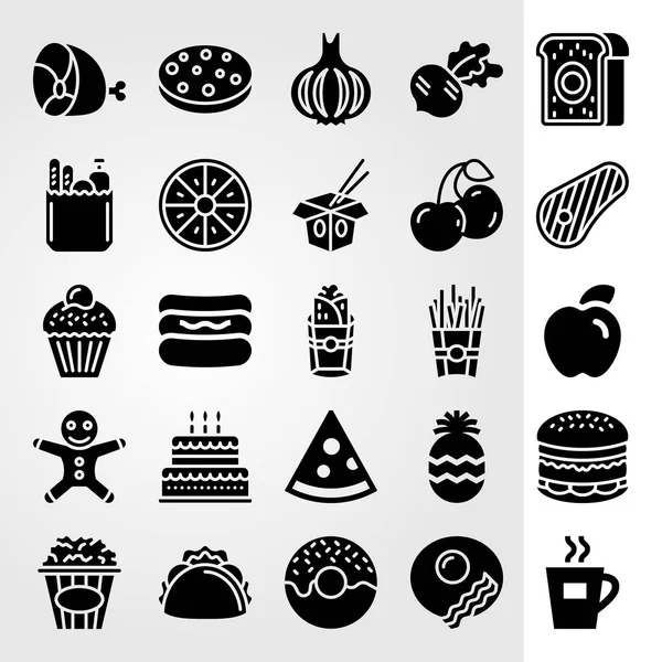 Essen und Getränke Vektor Icon Set. Lebkuchenmann, Pizza, Knoblauch und Burger — Stockvektor