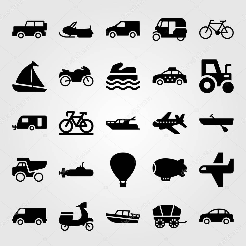 Transport vector icon set. rowing, sailboat, yatch and motorcycle