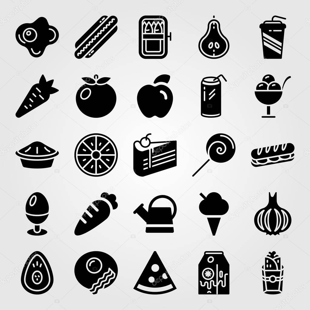 Food And Drinks vector icon set. burito, pear, carrot and milk