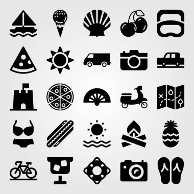 Yaz aylarında vektör Icon set. buz krem, kokteyl, motosiklet ve fotoğraf kamera