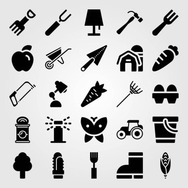 Bahçe vektör Icon set. traktör, el testeresi, havuç ve elma