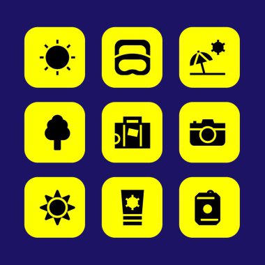 Yaz aylarında vektör Icon set. bavul, güneş kremi, Dalış ve ağaç