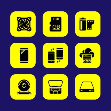 Teknoloji vektör Icon set. soğutucu, yönlendirici, film rulo ve web kamerası