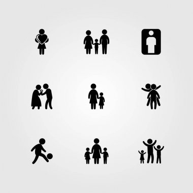 İnsanlar simge vektör ayarlayın. Anne iki chields, anne, çiçekler ve aile veren adam