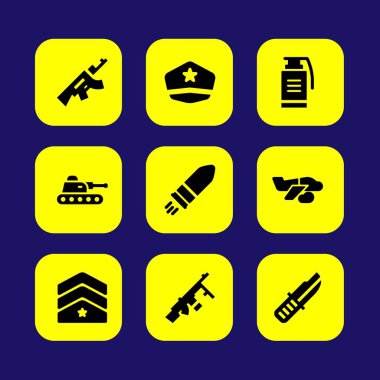 Askeri vektör Icon set. bıçak, el bombası, rütbe ve asker şapkası
