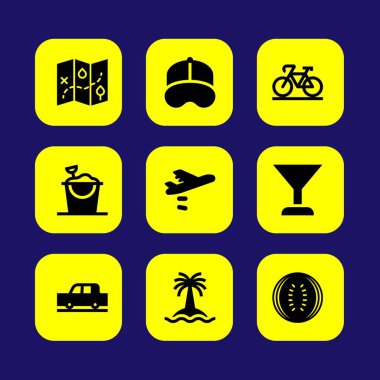 Yaz aylarında vektör Icon set. beyzbol şapkası, Araba, karpuz ve kap