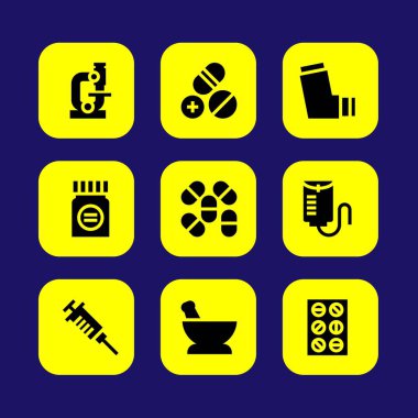 Tıp vektör Icon set. harç, damla sayacı, Tablet ve şırınga
