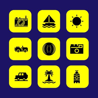 Yaz aylarında vektör Icon set. fotoğraf makinesi, güneş, araba ve ağaç