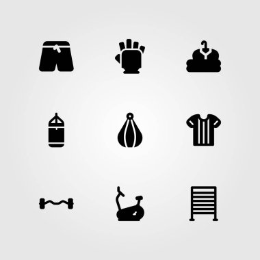 Fitness vektör Icon set. Delme, pazı halter, dambıl ve Bisiklet