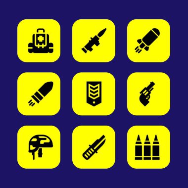 Silah vektör Icon set. roket, mermi, ilk el uzatmak teçhizat ve mühimmat