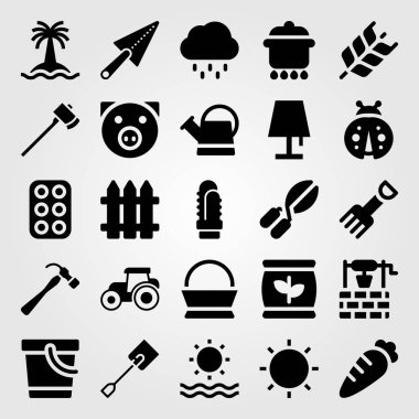 Bahçe vektör Icon set. buğday, traktör, yağmur ve kürek