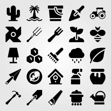 Bahçe vektör Icon set. lamba, yağmur, Komisyon ve traktör