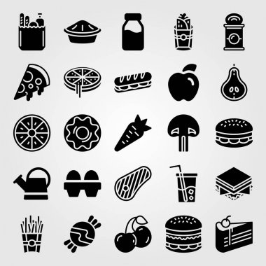 Yiyecek ve içecekler simge vektör ayarlayın. Burger, can, mantar ve kiraz