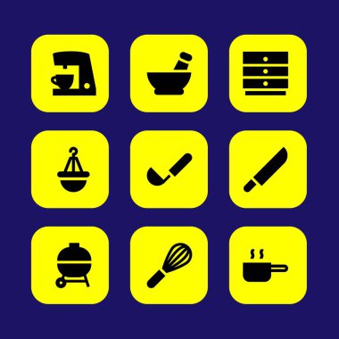 Mutfak vektör Icon set. Kepçe, pan, kahve makinesi ve harç
