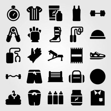 Fitness vektör Icon set. Top, koşu ayakkabıları, tezgah ve gömlek