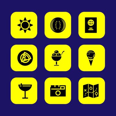 Yaz aylarında vektör Icon set. karpuz, pasaport, harita ve dondurma