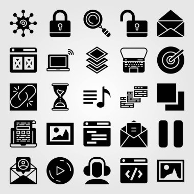 Temel vektör Icon set. ayarları, asma kilit, hedef ve mektup