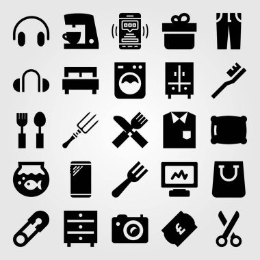 Alışveriş vektör Icon set. bilgisayar, alışveriş çantası, hediye ve balık yuvarlak kase