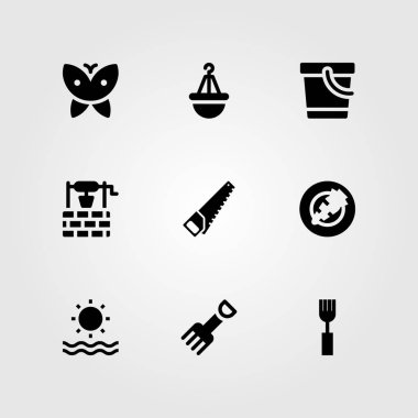 Bahçe vektör Icon set. Iyi, kova, pot ve kelebek