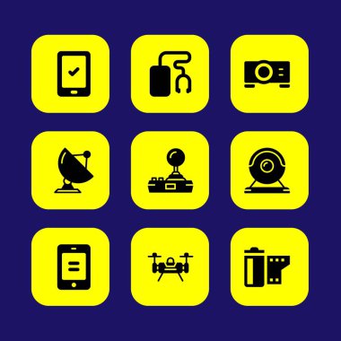 Teknoloji vektör Icon set. joystick, akıllı telefon, uydu ve web kamerası