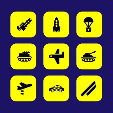 Askeri vektör Icon set. bıçak, makineli tüfek, araba ve polis arabası