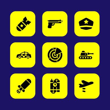 Askeri vektör Icon set. Araba, asker şapkası, radar ve tank