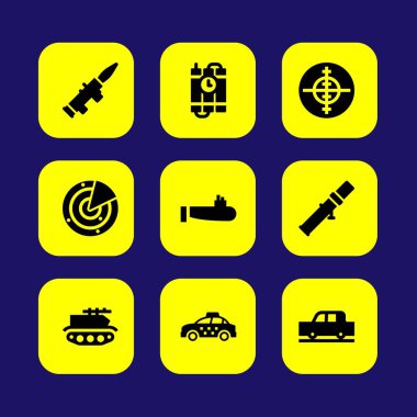 Askeri vektör Icon set. taksi, Araba, bazuka ve dinamit