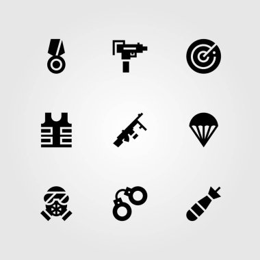 Silah vektör Icon set. kurşun geçirmez yelek, makineli tüfek, gaz maskesi ve av tüfeği