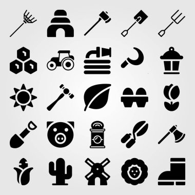 Bahçe simge vektör ayarlayın. traktör, komisyon, yumurta ve petek