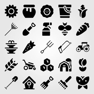 Bahçe simge vektör ayarlayın. el testeresi, Mısır, havuç ve Çeşme