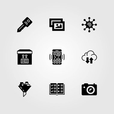 Temel vektör Icon set. fotoğraf makinesi, transfer, resim ve paket