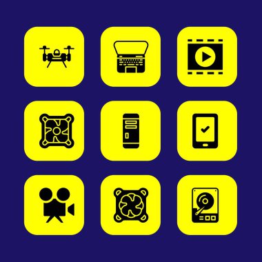 Teknoloji vektör Icon set. video kamera, pc durumda, tablet ve hhd