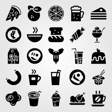 Yiyecek ve içecekler Icon set vektör. pasta, Kupası, muzlu süt ve kek