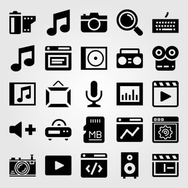 Multimedya vektör Icon set. Boombox, Büyüteç, mikrofon ve hoparlör