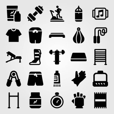 Fitness vektör Icon set. Halter, spor salonu eldiven, spor bar ve adım