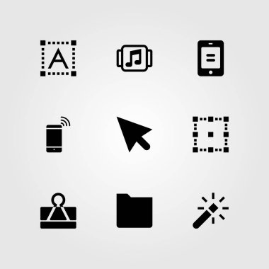 Web tasarım vektör Icon set. akıllı telefon, müzik çalar, imleç ve metin editörü