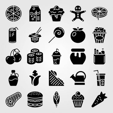 Yiyecek ve içecekler simge vektör ayarlayın. lolipop, kiraz, cam ve patlamış mısır