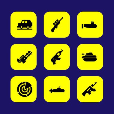 Askeri vektör Icon set. keskin nişancı, tank, denizaltı ve radar