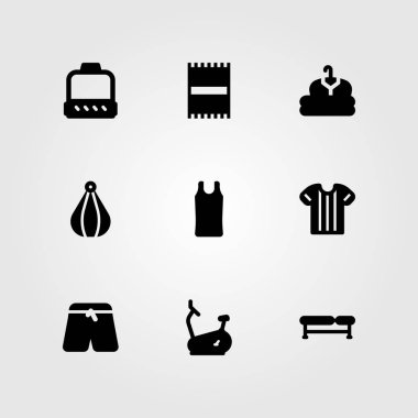 Fitness vektör Icon set. sabit bisiklet, tezgah, delme ve havlu
