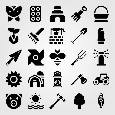 Bahçe vektör Icon set. Komisyon, sepet, ahır ve traktör