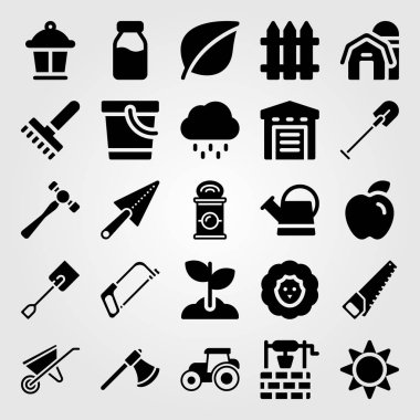 Bahçe simge vektör ayarlayın. el arabası, süt şişesi, can ve kürek