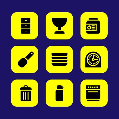 Mutfak vektör Icon set. termos, dolap, çöp kutusu ve zamanlayıcı
