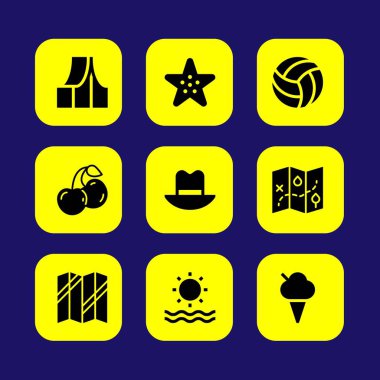 Yaz aylarında vektör Icon set. Deniz yıldızı, deniz, çadır ve şapka