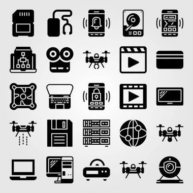 Teknoloji vektör Icon set. sunucu, radyo, pc ve kredi kartı