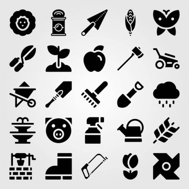 Bahçe simge vektör ayarlayın. koyun, kürek, kelebek ve balta