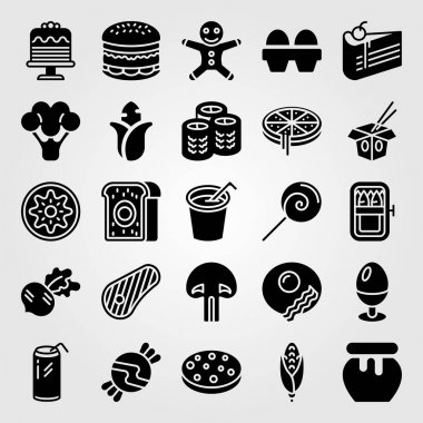 Yiyecek ve içecekler simge vektör ayarlayın. brokoli, yumurta, kurabiye ve pasta