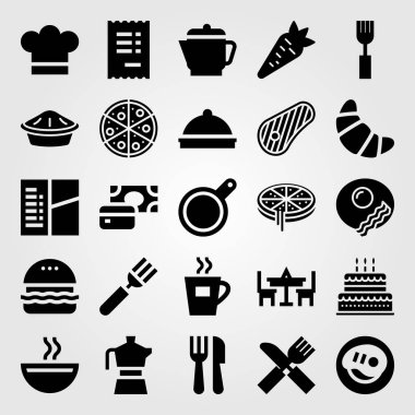 Restoran vektör Icon set. kruvasan, çatal bıçak takımı, pasta ve su ısıtıcısı