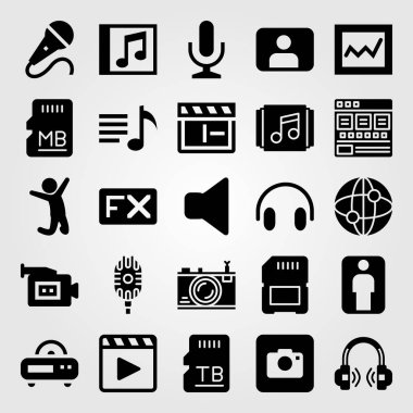 Multimedya vektör Icon set. bellek, tarayıcı, fx ve adam atlama