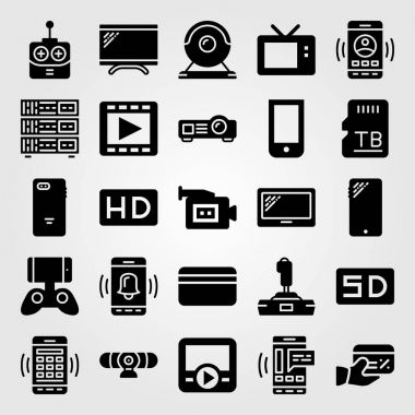 Teknoloji vektör Icon set. televizyon, projektör, uzaktan kumanda ve video kamera