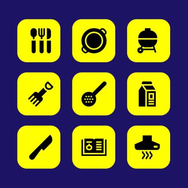 Mutfak vektör Icon set. paella, çatal, tarifi ve çıkarıcı hood